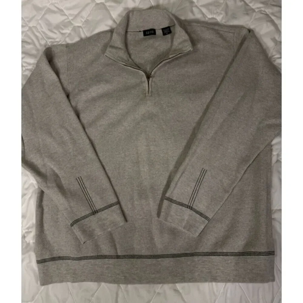 IZOD Mens Mock Neck 1/4 Zip Pullover Sweater XL Grey‎ Cotton Contrast Stitching